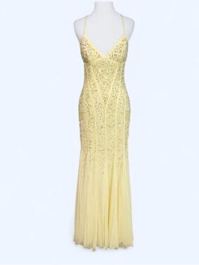 Cache Yellow Beaded Spaghetti-Strap Prom Social Evening Gown